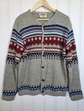 Vintage Banff Nordic 100% Wool Cardigan Button Sweater Mens XL